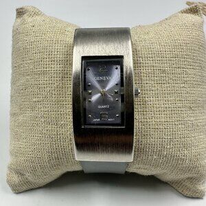 3/$30 Geneva Watch Women Silver Tone Long Rectangle Case Purple Dial  9"